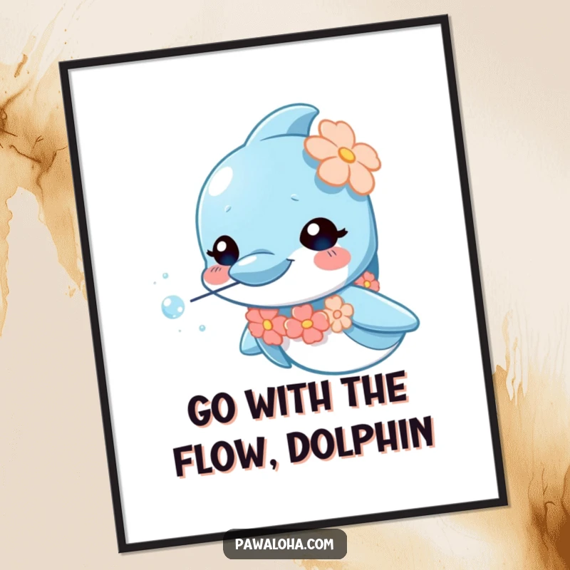 Funny Free Printable Wall Art: A curious dolphin wearing a tiny lei blows sparkly bubbles, adding whimsical decor.