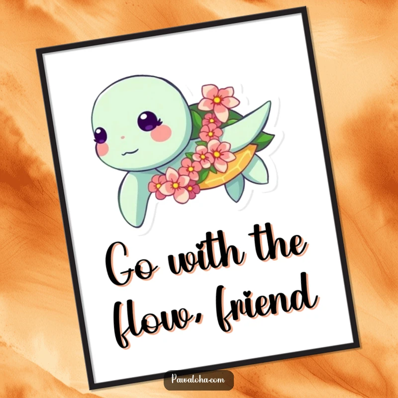 Funny Free Printable Wall Art: Kawaii sea turtle swimming gracefully, adorned with a lush flower garland.