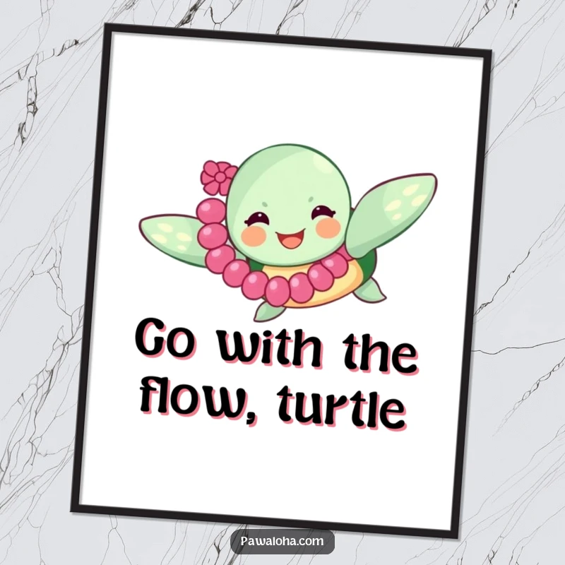 Funny Free Printable Wall Art: A happy sea turtle wearing a lei, swimming joyfully, adding a splash of humor to decor.