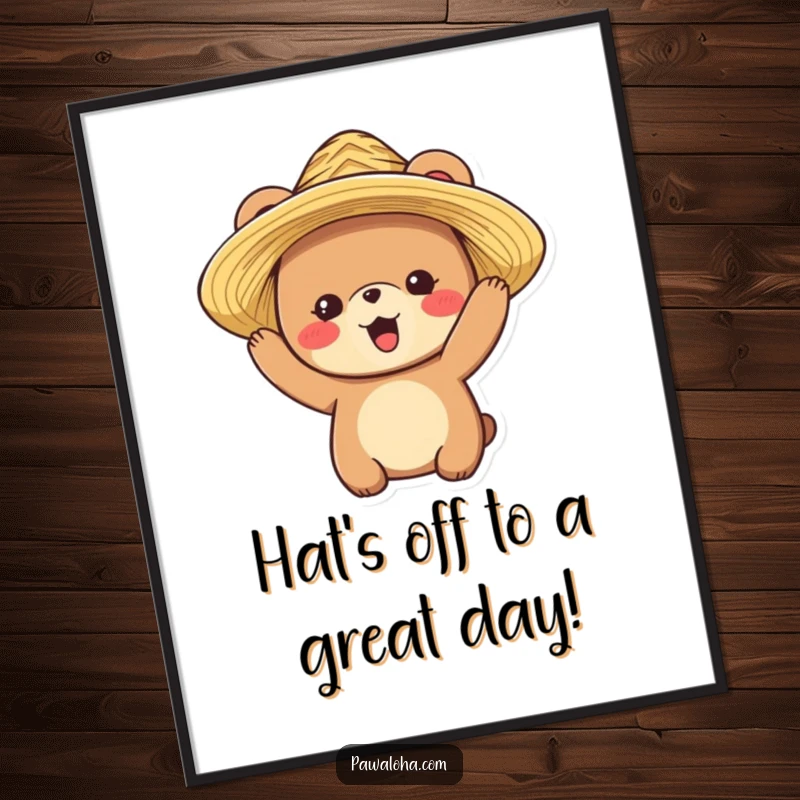 Funny Free Printable Wall Art: A delighted bear character puts on a straw hat with a goofy grin.