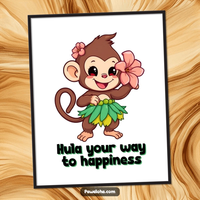 Funny Free Printable Wall Art: A playful monkey with a flower behind its ear dances a hula, bringing tropical energy and humor.