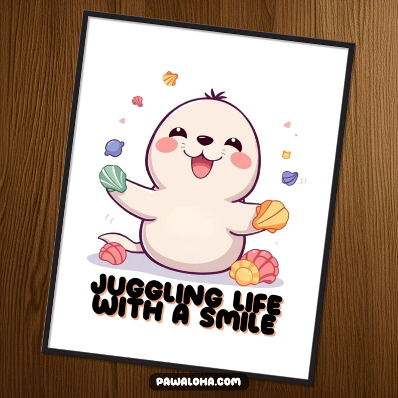Funny Free Printable Wall Art: A playful seal skillfully juggling colorful seashells, creating whimsical and fun downloadable art.