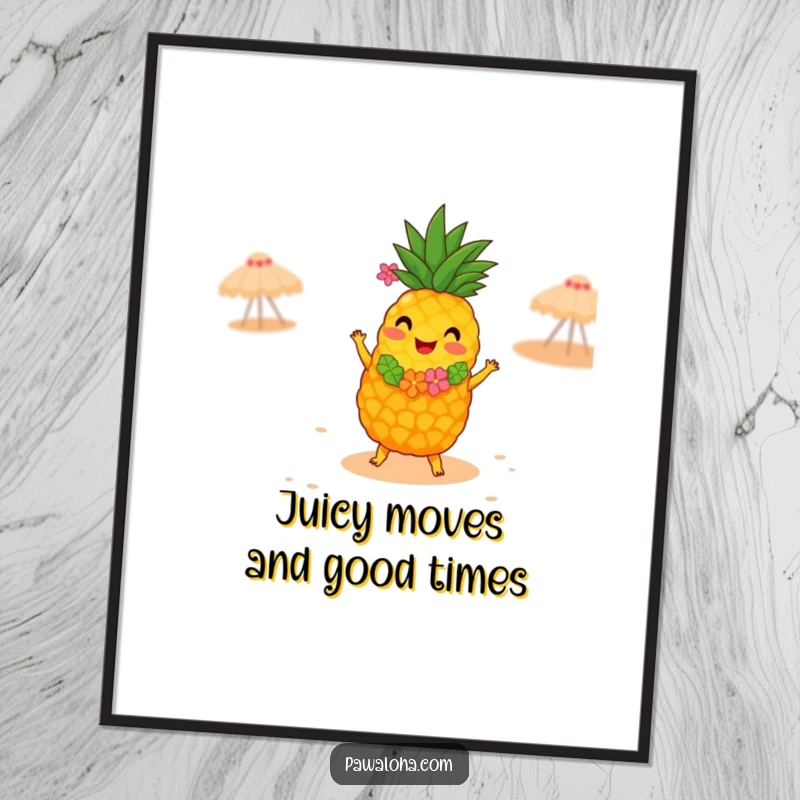 Funny Free Printable Wall Art: A pineapple in a lei, hula dancing on a sandy beach, creating cheerful and tropical downloadable art.