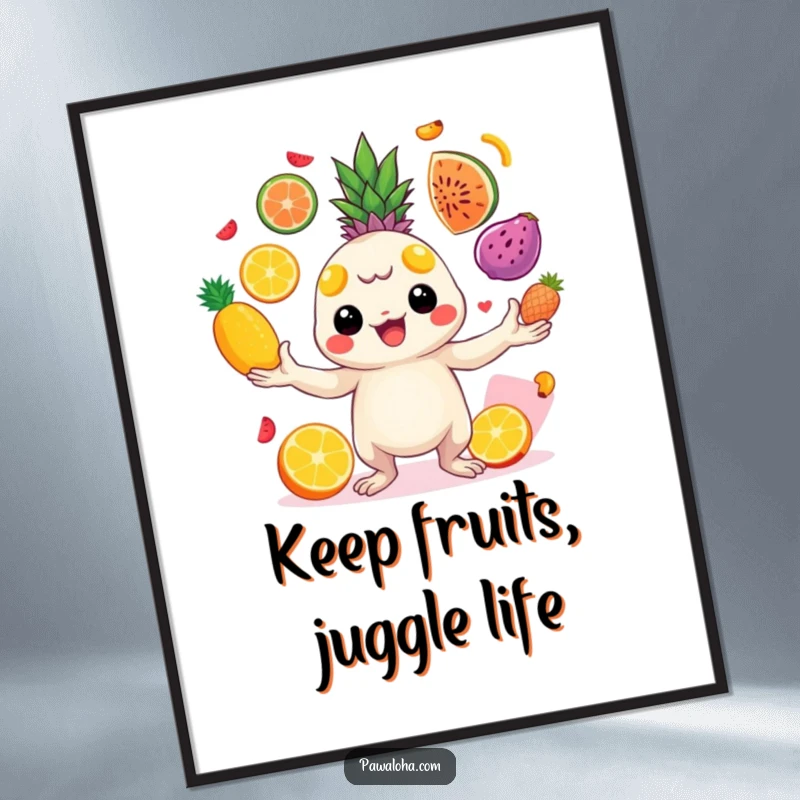Funny Free Printable wall art of a creature with bright eyes, energetically juggling a colorful assortment of tropical fruits.