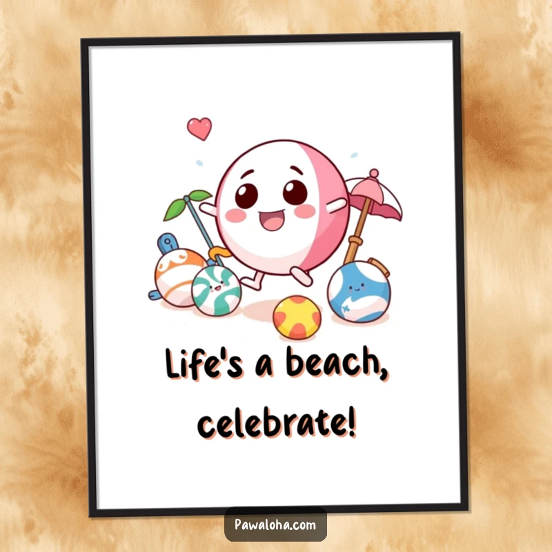 Funny Free Printable Wall Art: Energetic beach ball character bouncing with other beach toys, capturing summer fun, perfect DIY downloadable decor.