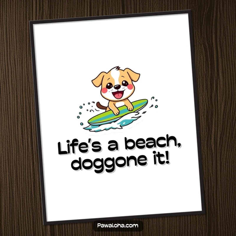 Funny Free Printable Wall Art of a dog joyfully surfing a wave with a huge grin, perfect for beach-themed decor.