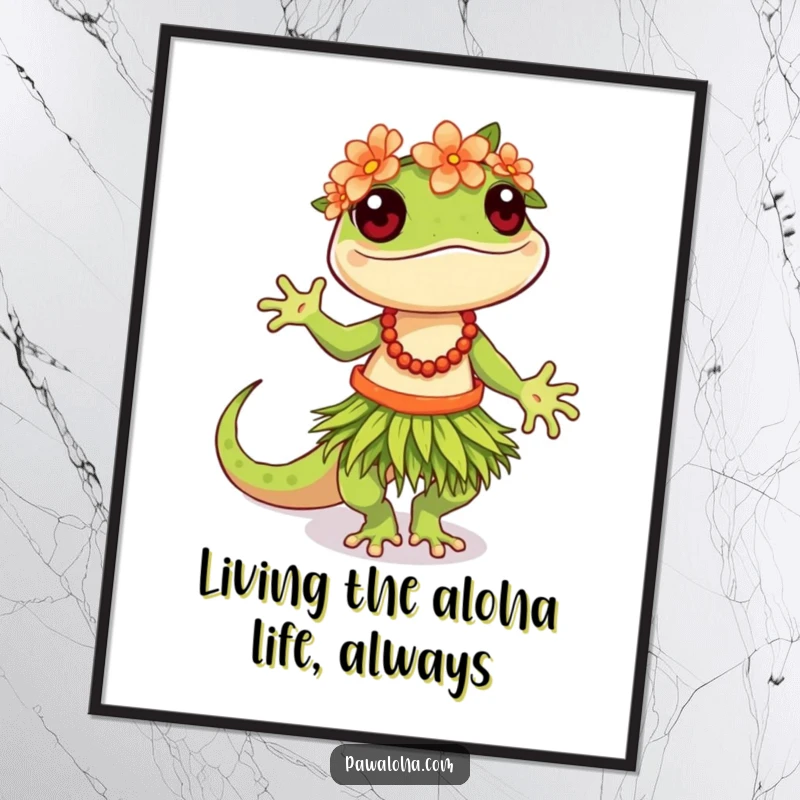 Funny Free Printable Wall Art: A lively gecko in a grass skirt and flower crown, captured mid-hula dance, perfect for decor.
