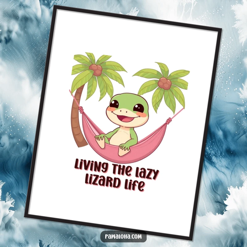 Funny Free Printable Wall Art: A gecko lounging in a hammock, exuding pure relaxation and vacation vibes.