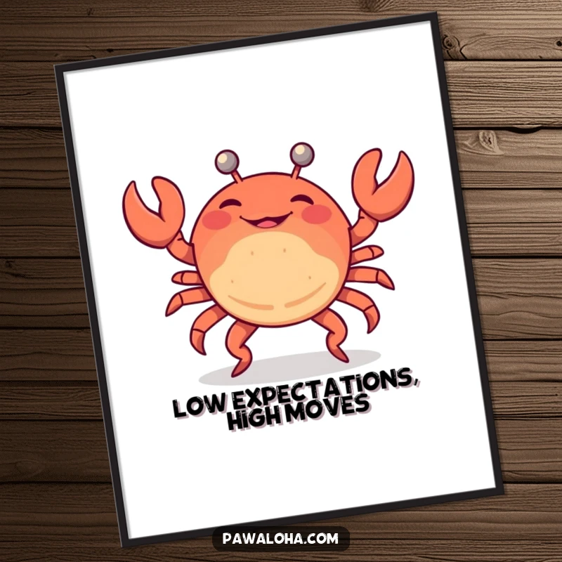 Funny Free Printable Wall Art: A cheerful crab character performs an impressive and amusing limbo dance with a big smile.