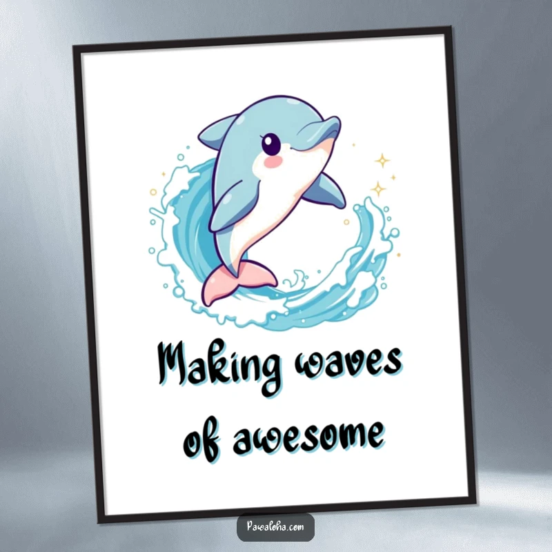 Funny Free Printable Dolphin Wall Art: Playful dolphin leaping energetically through a sparkling wave. Dynamic downloadable ocean decor.