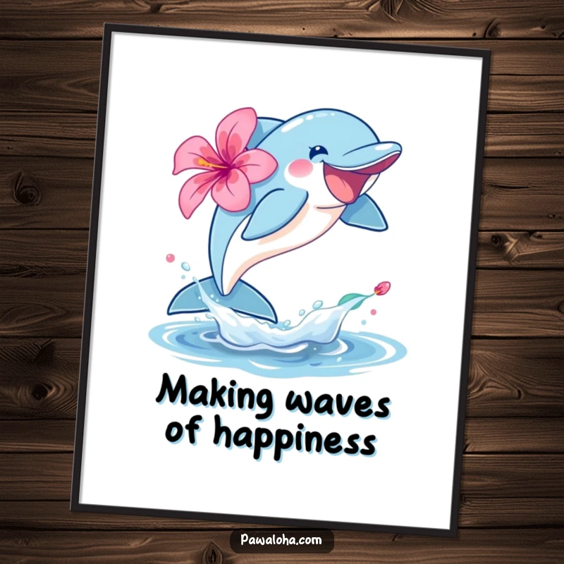 Funny Free Printable Wall Art depicting a dolphin joyfully leaping from the water, holding a hibiscus, for a lively space.