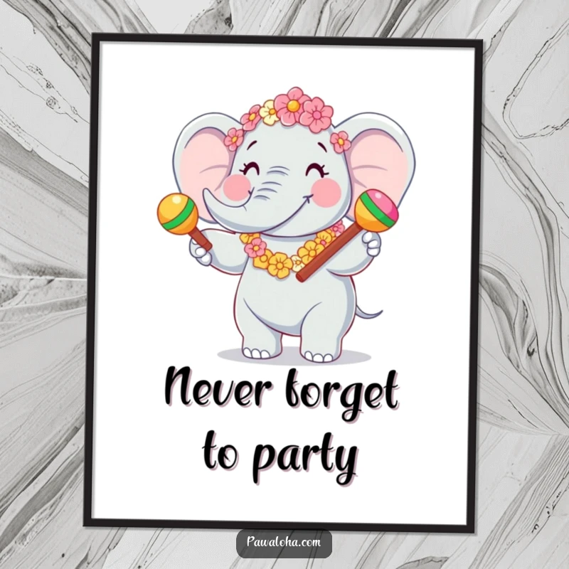 Funny free printable wall art: A large, joyful elephant wearing a colorful flower garland is shaking maracas with glee.