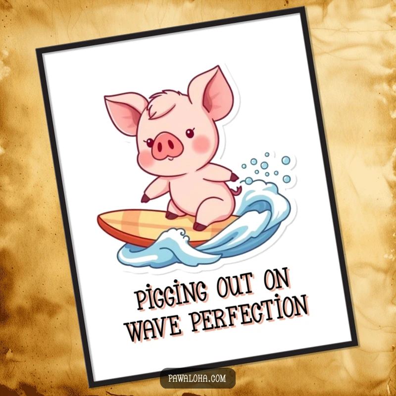 Funny Free Printable Wall Art: A playful piglet character expertly surfing a gentle ocean wave.