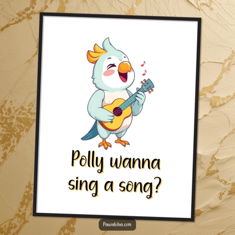 Funny Free Printable Wall Art: A vibrant parrot with a tiny ukulele sings with pure joy, bringing musical cheer to any room.