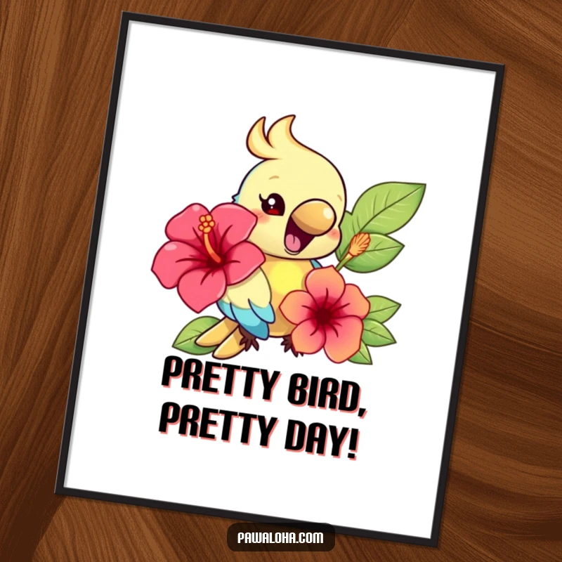 Funny Free Printable Wall Art: A joyful parrot squawks loudly while holding a large, colorful hibiscus flower.