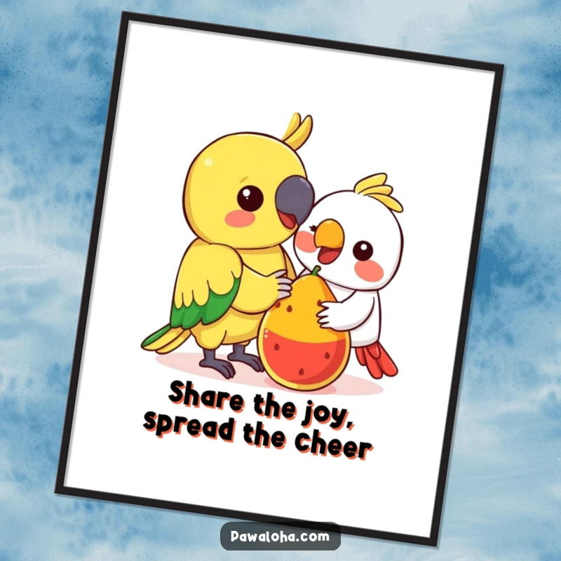Funny Free Printable Wall Art: Two Kawaii parrots sharing a vibrant, colorful fruit, symbolizing friendship.