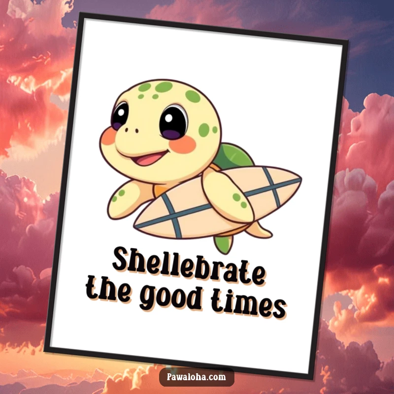 Funny Free Printable Wall Art: A happy sea turtle with a tiny surfboard under its flipper, ready to catch the next big wave.