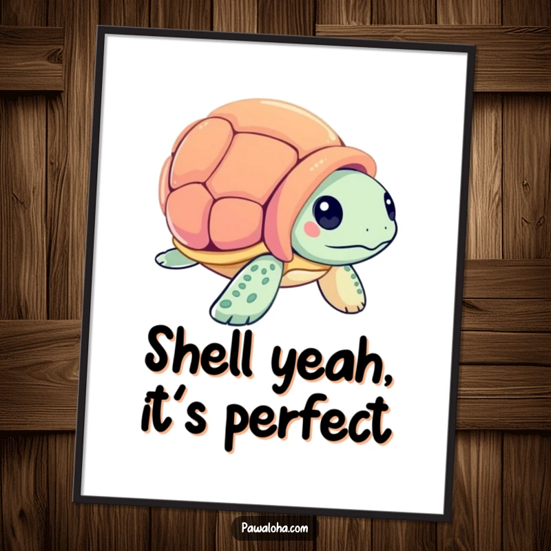 Funny Free Printable Sea Turtle Wall Art: Curious sea turtle inspecting a colorful seashell. Whimsical underwater downloadable decor.