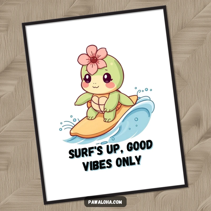 Funny Free Printable Wall Art of a kawaii sea turtle with a flower, joyfully surfing a gentle wave, perfect for beach-themed decor.