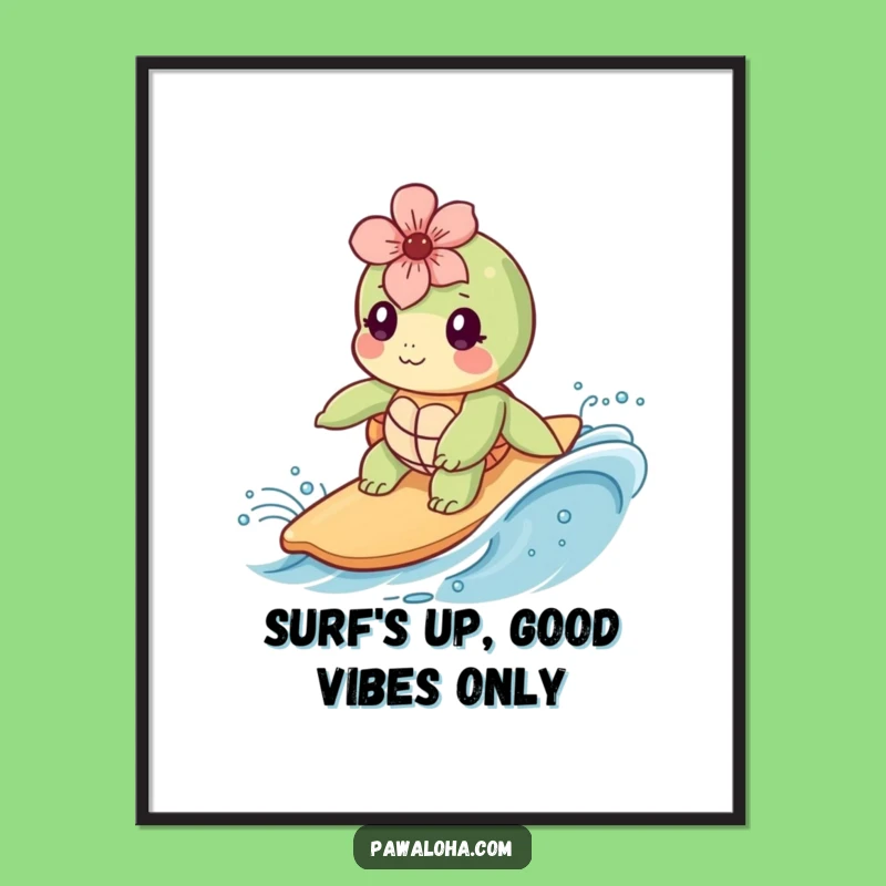 Free Printable Kawaii Sea Turtle Wall Art: Funny Surfer Surfboard Downloadable Decor