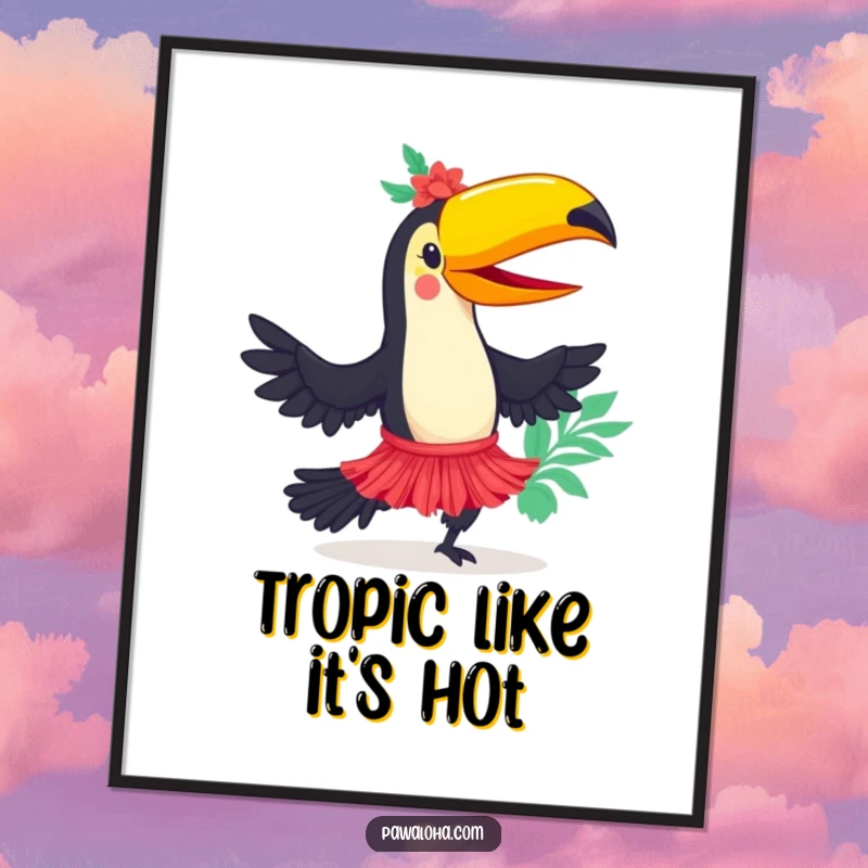 Funny Free Printable Toucan Wall Art: Joyful toucan in a hula skirt dancing energetically, bringing tropical vibes. Downloadable tropical decor.