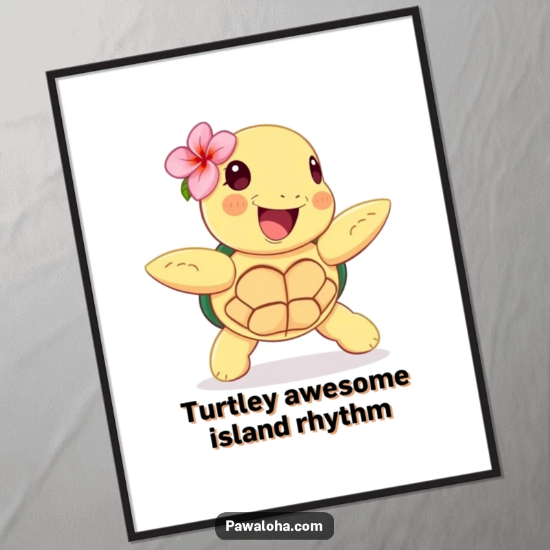 Funny Free Printable Wall Art: A happy sea turtle with a flower, doing a hula dance, bringing island charm and smiles, a fun decor piece.