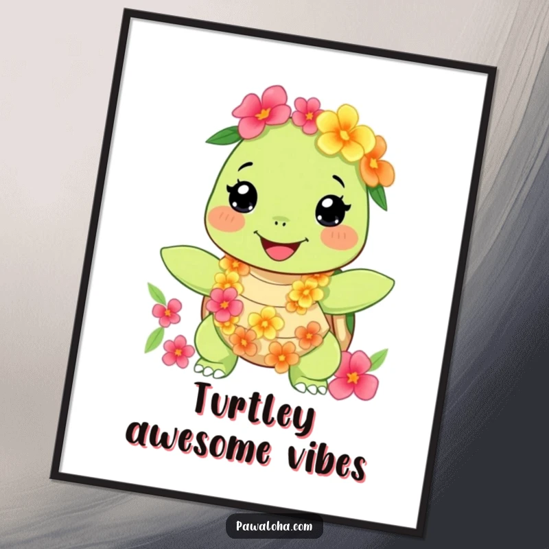 Funny Free Printable Turtle Wall Art, a happy character wearing a floral lei and necklace, bringing island vibes.