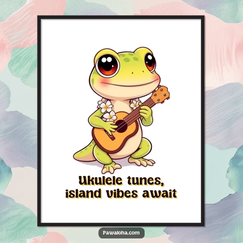 Funny Free Printable Wall Art: Kawaii gecko wearing a lei, strumming a ukulele with island flair.