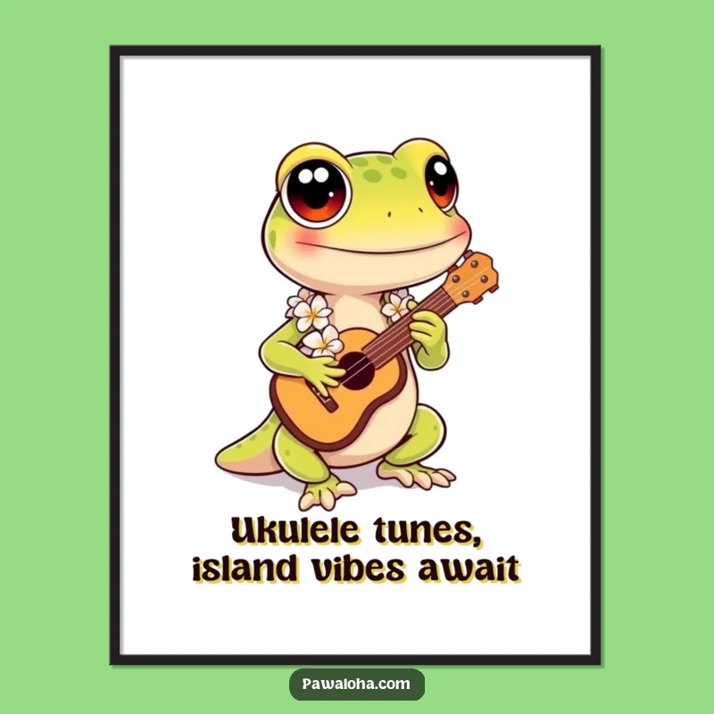 Free Printable Wall Art: Funny Kawaii Gecko Ukulele Island Vibes Downloadable Decor