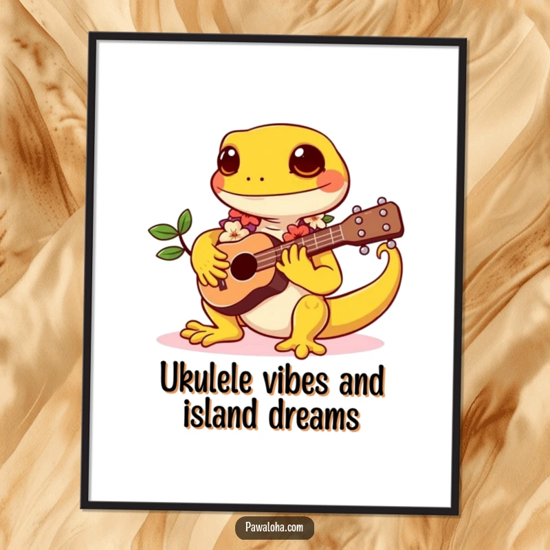 Funny Free Printable Wall Art: A kawaii gecko wearing a lei, strumming a ukulele, bringing island vibes and smiles, a fun decor piece.