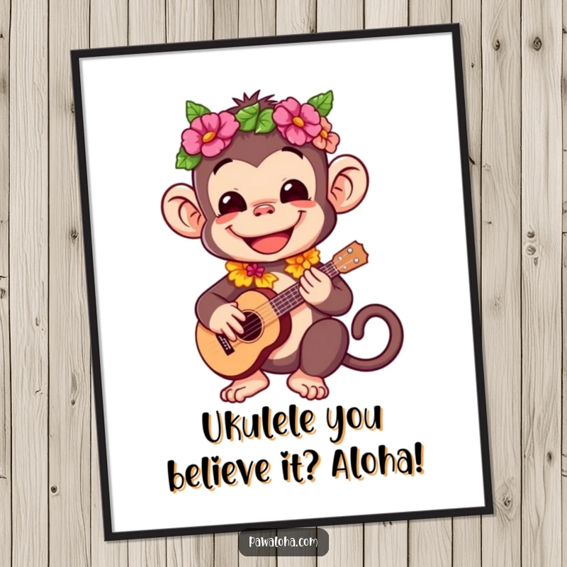Funny Free Printable Wall Art: Happy monkey in a lei plays ukulele, perfect for humorous home decor.