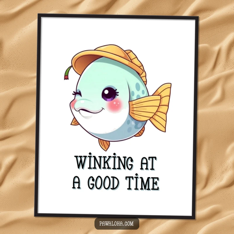 Funny Free Printable Wall Art of a vibrant fish winking while sporting a tiny coconut hat, adding a playful touch.