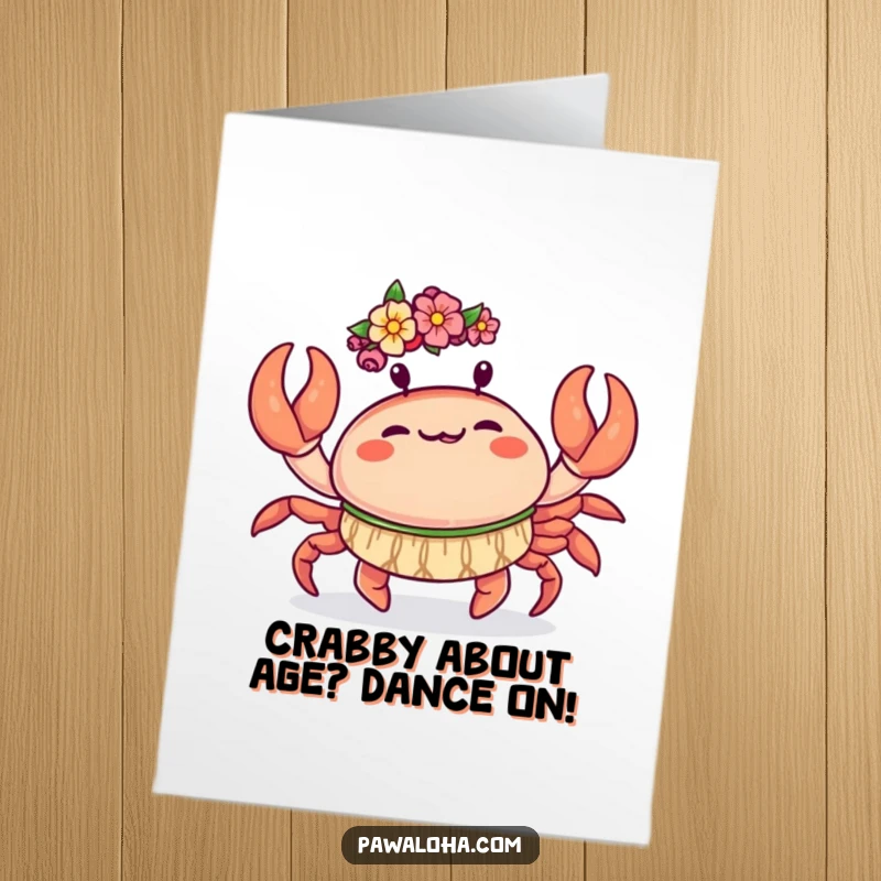 Funny Free Printable Birthday Card: Kawaii crab joyfully doing a hula dance, waving its claws.