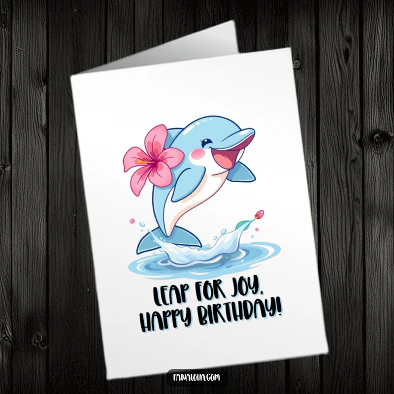 Funny Free Printable Birthday Card with a dolphin leaping joyfully out of the water, holding a hibiscus flower, celebrating the day.