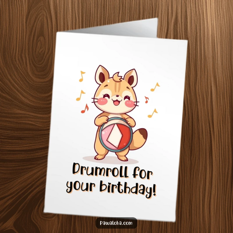 Funny Free Printable Birthday Card: Animal joyfully playing a festive drum, creating a rhythmic birthday celebration, downloadable gift.