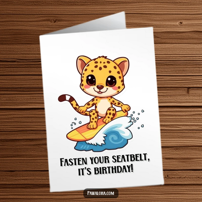 Funny Free Printable Birthday Card: Cheetah character skillfully surfs a small, colorful wave with a determined look.