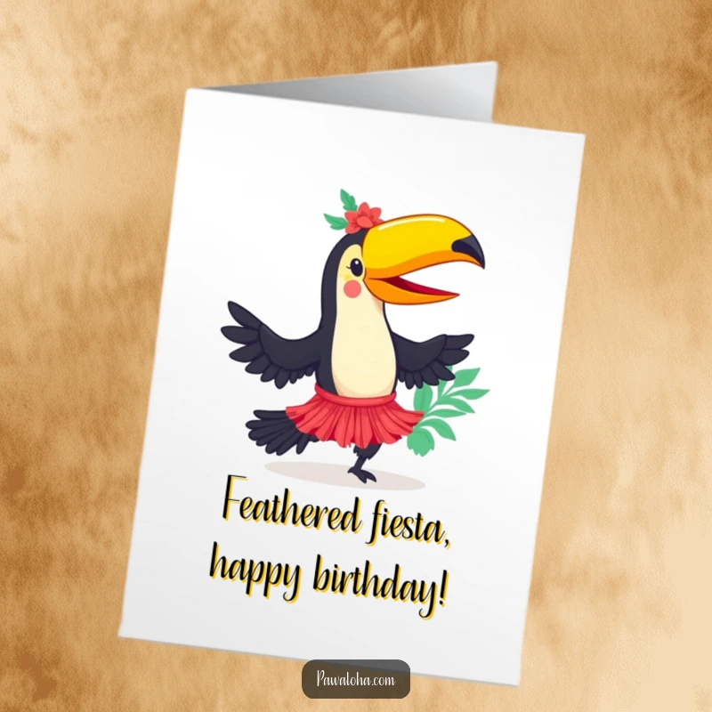 Funny Free Printable Toucan Birthday Card: Joyful toucan in a hula skirt dances energetically, spreading party vibes. Downloadable and fun.