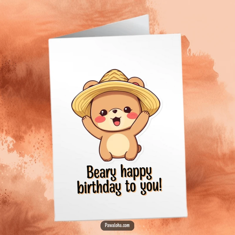 Funny Free Printable Birthday Card: A delighted bear character joyfully tries on a stylish straw hat.