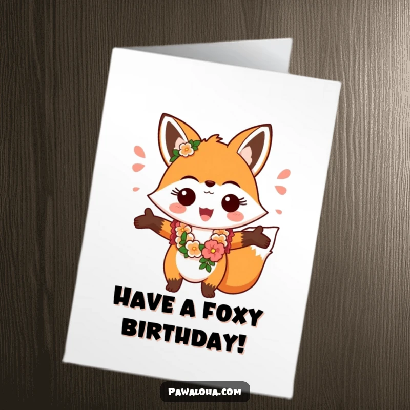 Funny Free Printable Birthday Card: Fox in a lei, arms wide open, offering a cheerful Hawaiian birthday welcome.