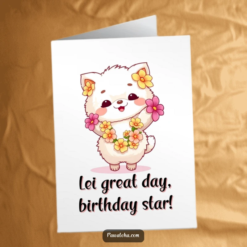 Funny Free Printable birthday card of a cute, fluffy animal in a lei, dancing with pure joy and festive energy.