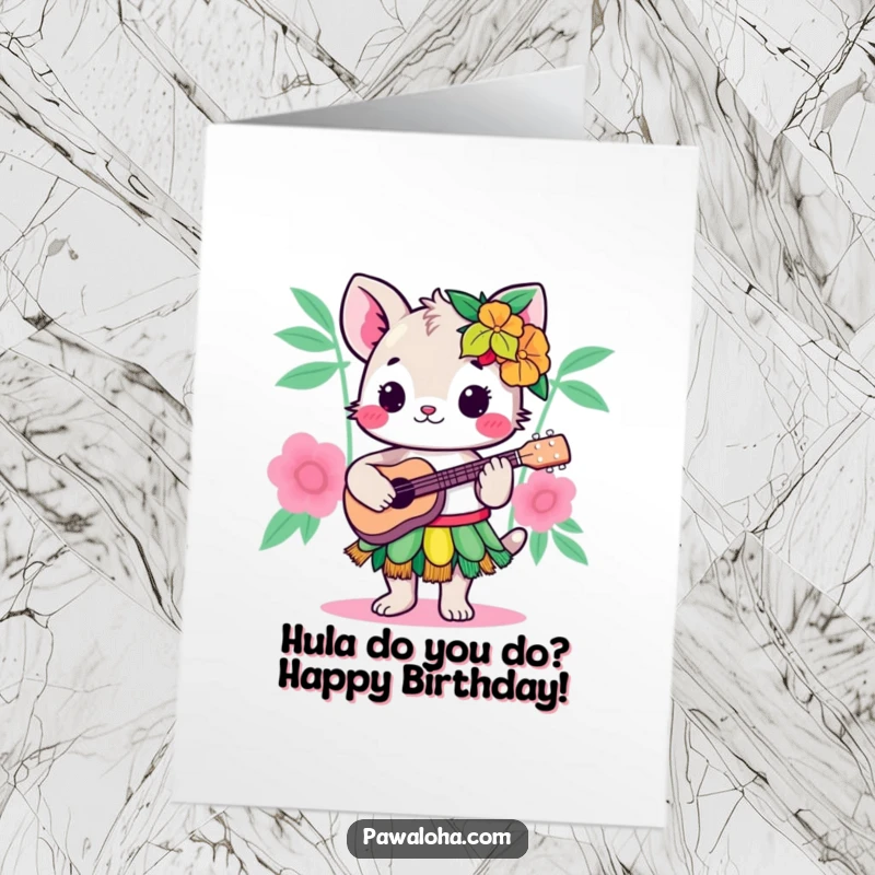 Funny Free Printable Birthday Card: Kawaii animal in a hula skirt strumming a ukulele with joy.