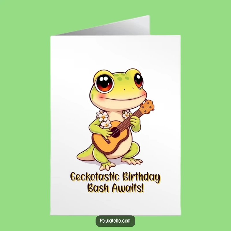 Free Printable Birthday Card: Funny Kawaii Gecko Ukulele Surprise Downloadable Gift