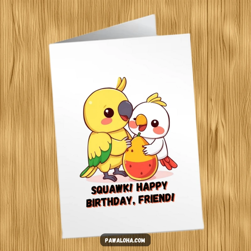 Funny Free Printable Birthday Card: Kawaii parrot sharing a bright fruit with another bird, symbolizing togetherness.