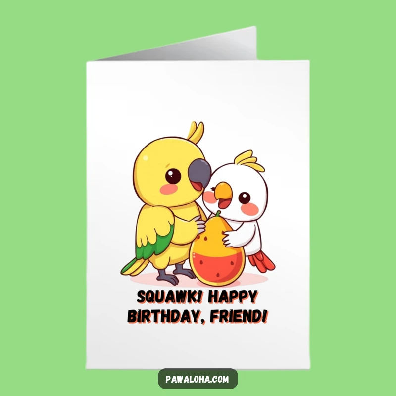 Free Printable Birthday Card: Funny Kawaii Parrot Fruit Surprise Downloadable Gift