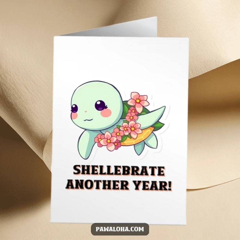Funny Free Printable Birthday Card: Kawaii sea turtle swimming serenely with a colorful flower garland.