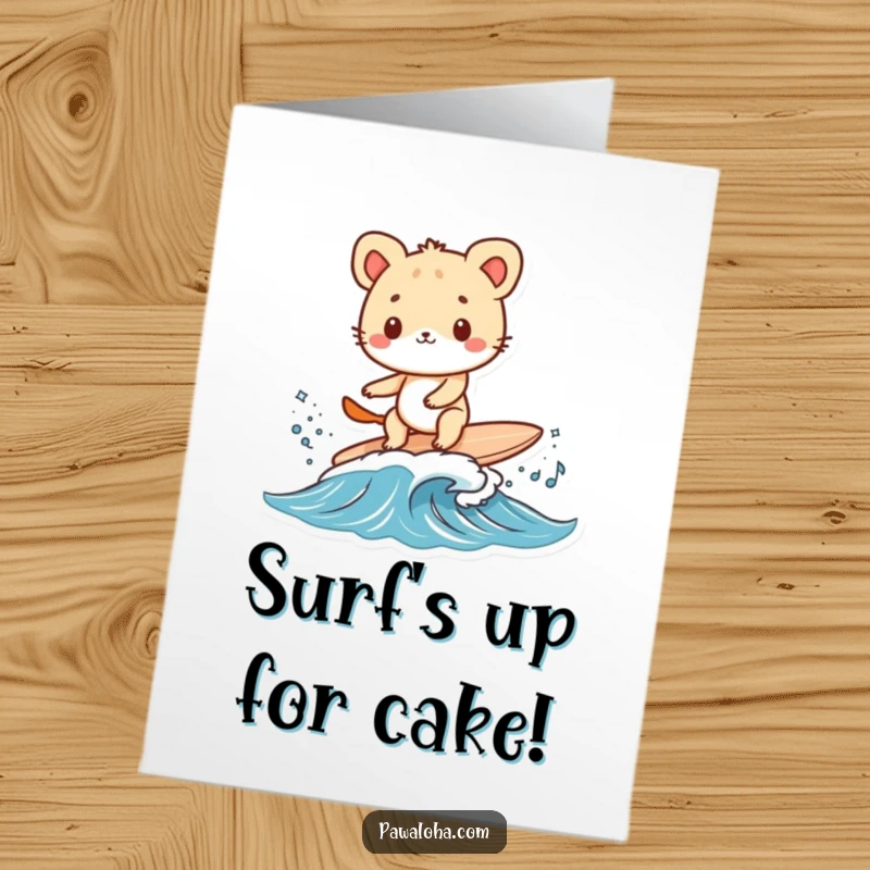 Funny Free Printable birthday card of a playful animal expertly surfing a tiny wave on a miniature surfboard with a grin.