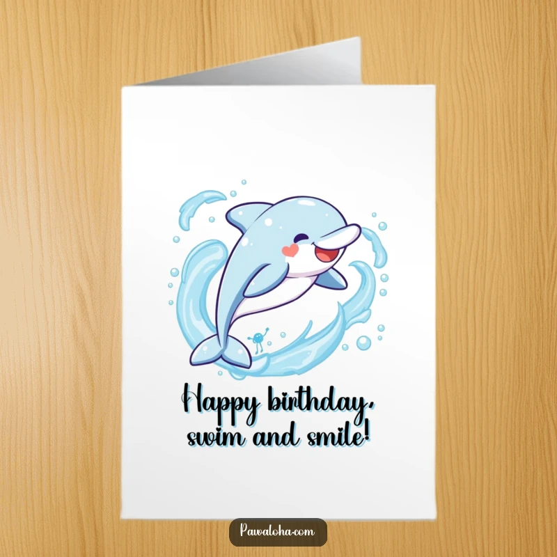 Funny Free Printable Birthday Card: Kawaii dolphin leaping high and joyfully through a blue ocean wave, downloadable art.