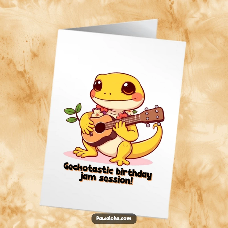 Funny Free Printable Birthday Card: A cute kawaii gecko in a lei, playing a ukulele, spreading birthday cheer, a fun downloadable gift.