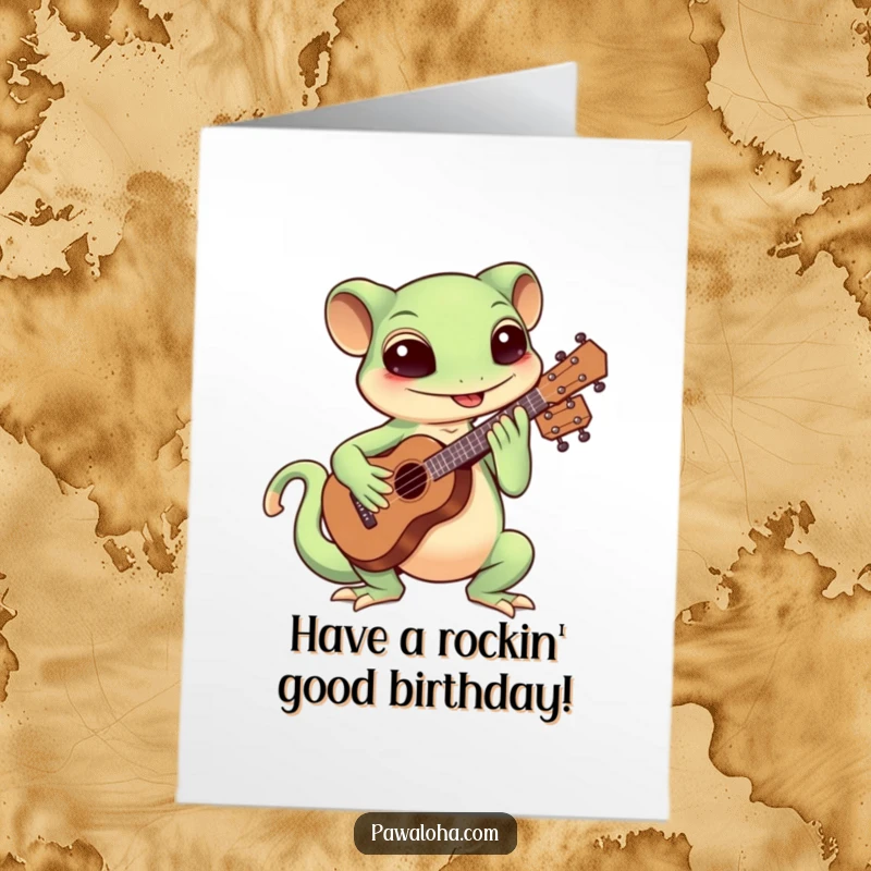 Funny Free Printable Birthday Card: Enthusiastic Kawaii gecko strumming a ukulele, ready to party.