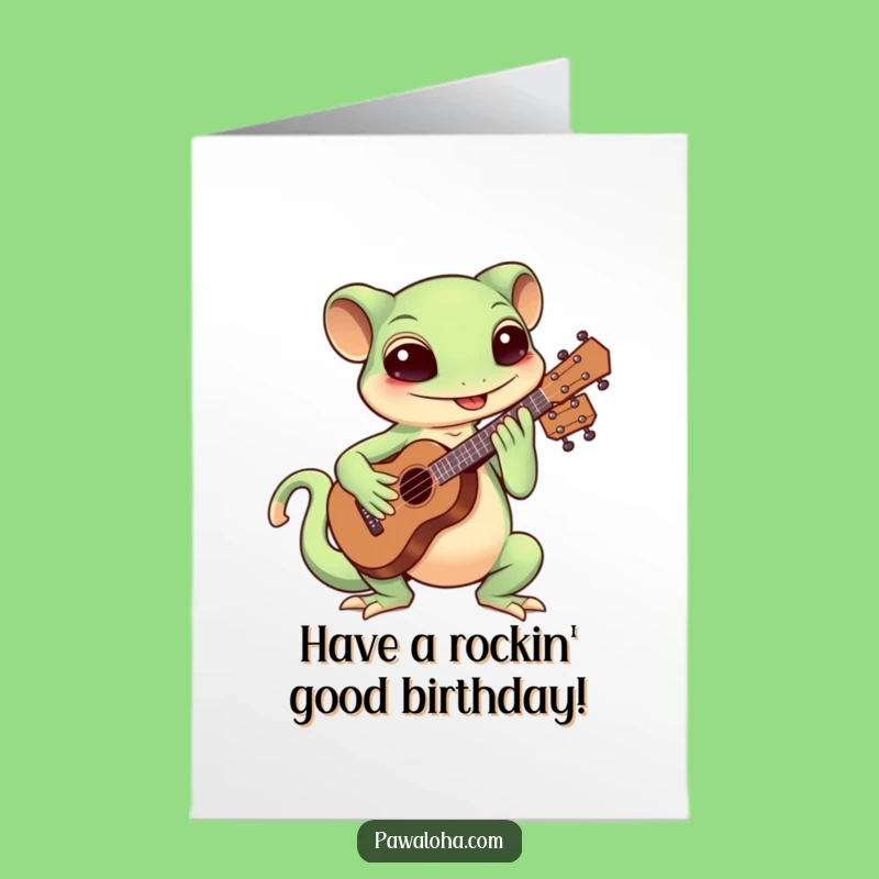 Free Printable Birthday Card: Kawaii Gecko Strumming Ukulele!